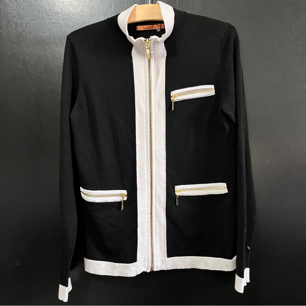 Belldini Black and White zip-up sweater/cardigan  with Gold Zipper size small